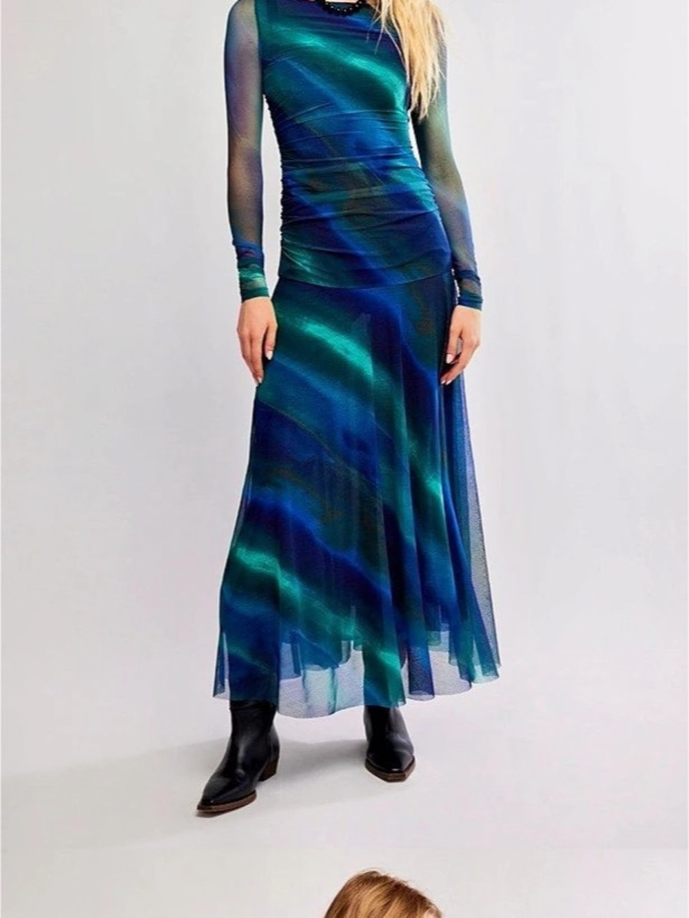 Free People Sunnei Long Sleeve Mesh Dress Blue & Green